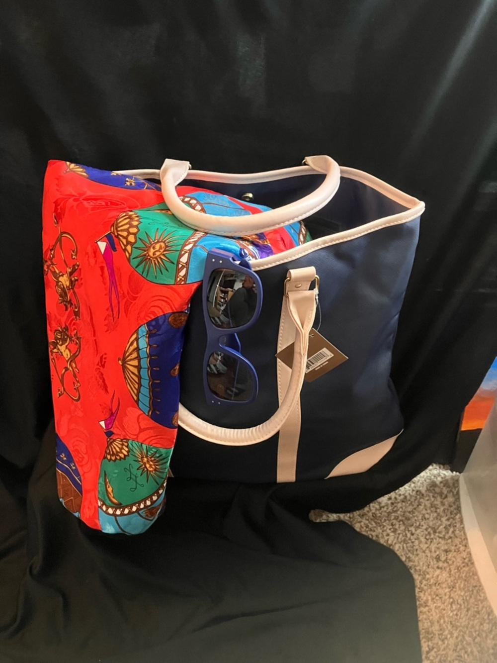 Roomy Navy and tan Tote Bag from Ulta inside zipper pocket.